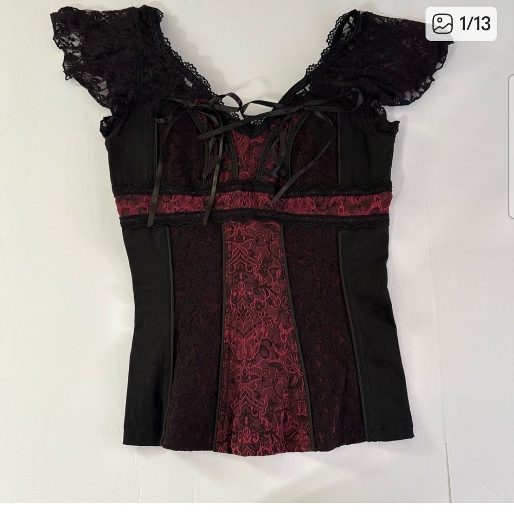 ISO Tripp NYC Black and Burgundy Lace Blouse